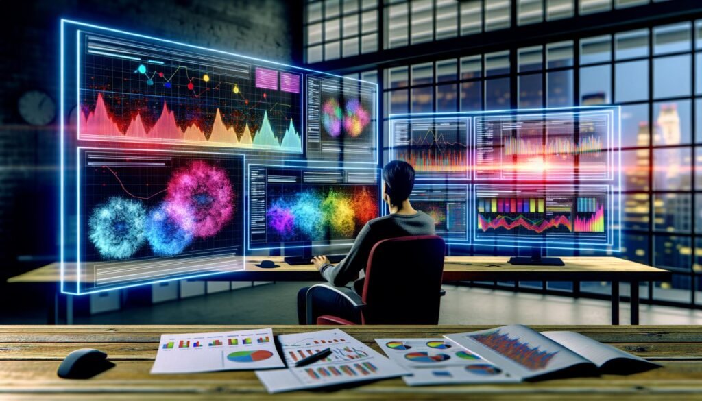 Fokusierte Person im urbanen Loft vor Monitoren mit farbenintensiven SQL-Dashboards, Diagrammen, Heatmaps und KPI-Kacheln. Im Hintergrund Notizblätter und zerknüllte Excel-Tabelle, Datenströme verbinden die Bildschirme.