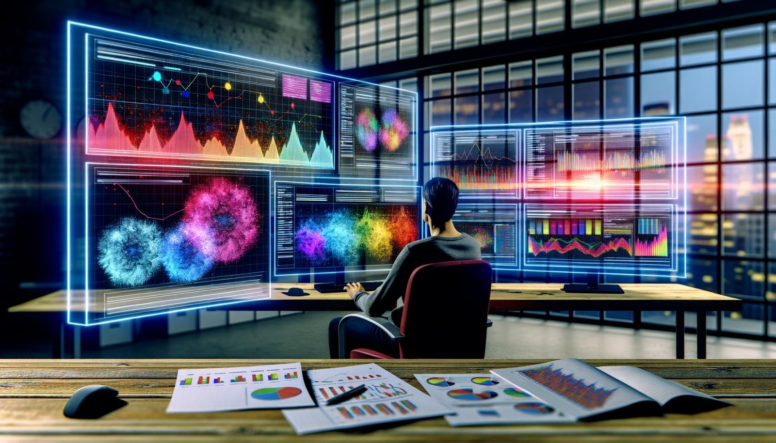 Fokusierte Person im urbanen Loft vor Monitoren mit farbenintensiven SQL-Dashboards, Diagrammen, Heatmaps und KPI-Kacheln. Im Hintergrund Notizblätter und zerknüllte Excel-Tabelle, Datenströme verbinden die Bildschirme.