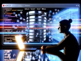 Futuristisches Titelbild mit metallischer Datenbank, schwebenden SQL-Codezeilen und einer Person am Laptop vor abstrakten Datenströmen.