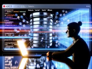 Futuristisches Titelbild mit metallischer Datenbank, schwebenden SQL-Codezeilen und einer Person am Laptop vor abstrakten Datenströmen.