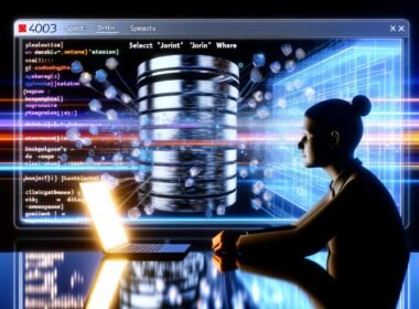 Futuristisches Titelbild mit metallischer Datenbank, schwebenden SQL-Codezeilen und einer Person am Laptop vor abstrakten Datenströmen.