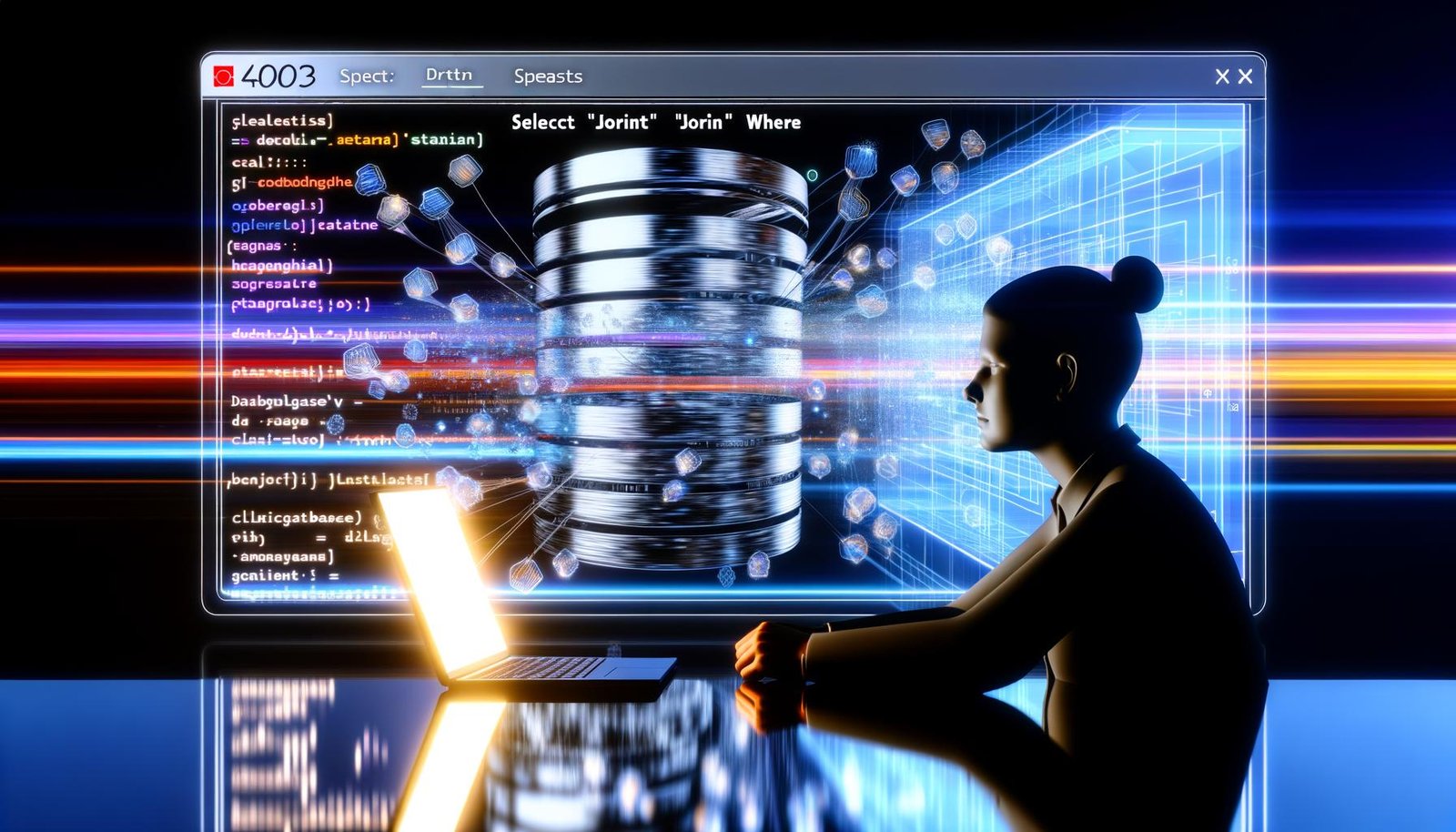 Futuristisches Titelbild mit metallischer Datenbank, schwebenden SQL-Codezeilen und einer Person am Laptop vor abstrakten Datenströmen.