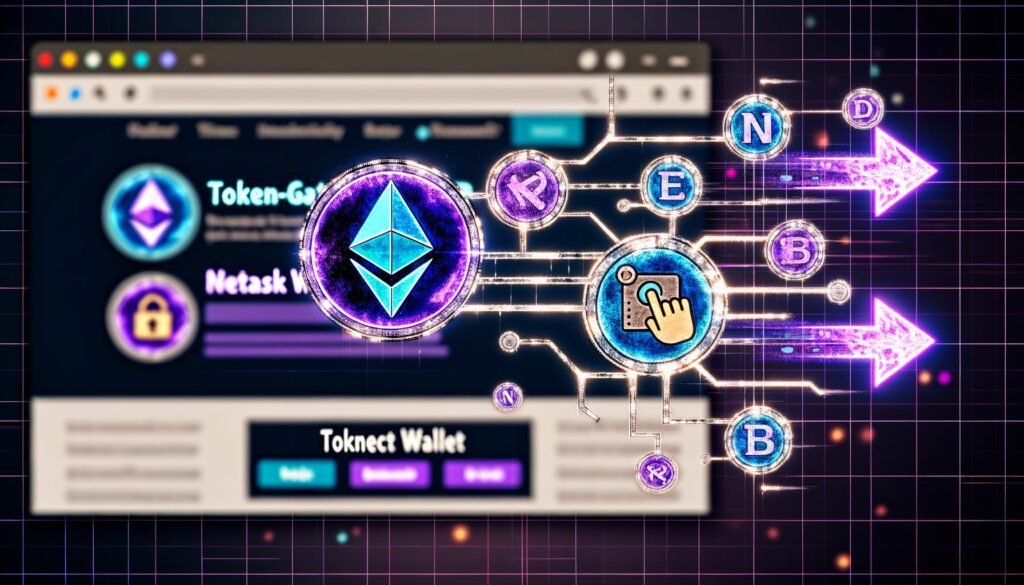 Moderne WordPress-Website im Browser mit überlagerten Blockchain-Symbolen, einer Hand am „Connect Wallet“-Button und leuchtenden Begriffen wie „Token-Gating“, „NFT Access“ und „DAO Revenue“ im futuristischen Neon-Look.