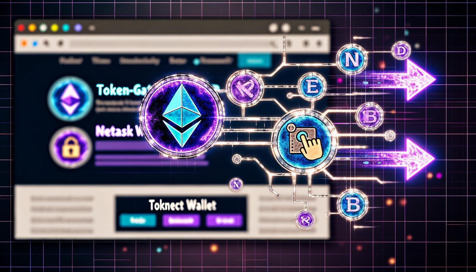 Moderne WordPress-Website im Browser mit überlagerten Blockchain-Symbolen, einer Hand am „Connect Wallet“-Button und leuchtenden Begriffen wie „Token-Gating“, „NFT Access“ und „DAO Revenue“ im futuristischen Neon-Look.