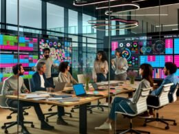 Innovatives Redaktionsbüro mit Glaswänden, mehreren Bildschirmen voller digitaler Redaktionspläne, diversen Teammitgliedern am Konferenztisch und Whiteboards mit Post-its im Hintergrund.