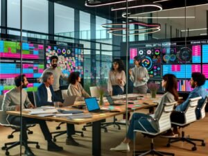 Innovatives Redaktionsbüro mit Glaswänden, mehreren Bildschirmen voller digitaler Redaktionspläne, diversen Teammitgliedern am Konferenztisch und Whiteboards mit Post-its im Hintergrund.