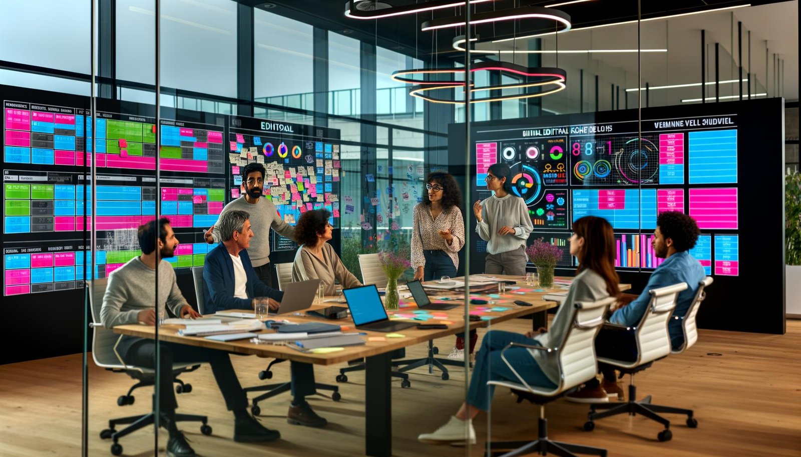 Innovatives Redaktionsbüro mit Glaswänden, mehreren Bildschirmen voller digitaler Redaktionspläne, diversen Teammitgliedern am Konferenztisch und Whiteboards mit Post-its im Hintergrund.