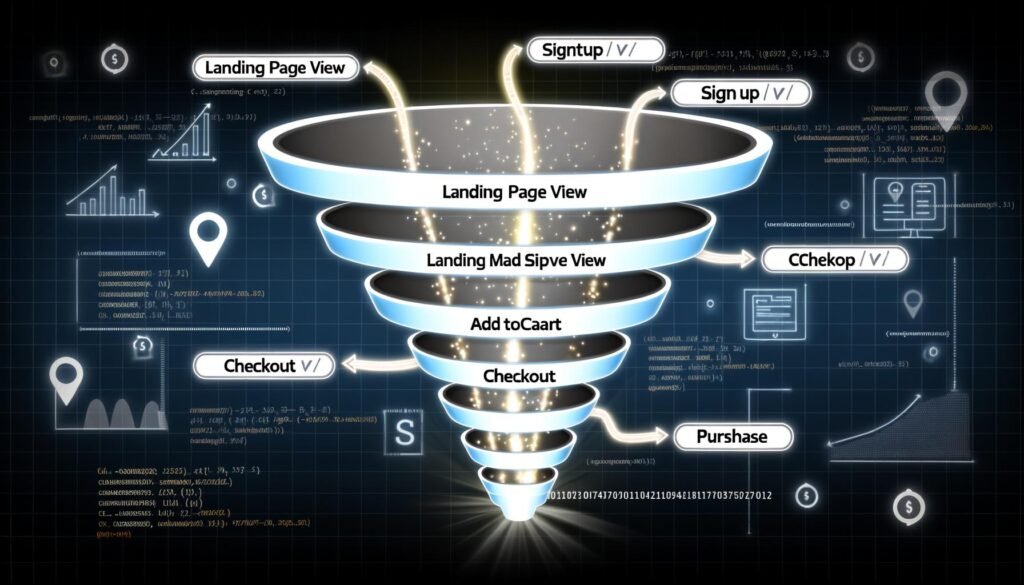 Technische Darstellung eines Marketing-Funnels mit SQL-Datenströmen, User-IDs und Events in minimalistischem Stil vor Data-Warehouse-Interface.