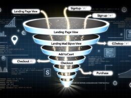 Technische Darstellung eines Marketing-Funnels mit SQL-Datenströmen, User-IDs und Events in minimalistischem Stil vor Data-Warehouse-Interface.