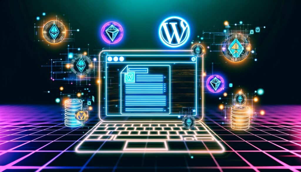Magazin-Titelbild im Hightech-Stil: Laptop mit WordPress-Oberfläche, digitalen NFTs, Wallet-Icons und leuchtender Blockchain-Struktur im Hintergrund.