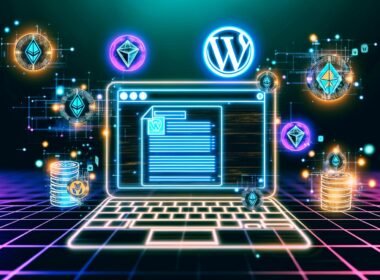 Magazin-Titelbild im Hightech-Stil: Laptop mit WordPress-Oberfläche, digitalen NFTs, Wallet-Icons und leuchtender Blockchain-Struktur im Hintergrund.