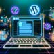Magazin-Titelbild im Hightech-Stil: Laptop mit WordPress-Oberfläche, digitalen NFTs, Wallet-Icons und leuchtender Blockchain-Struktur im Hintergrund.