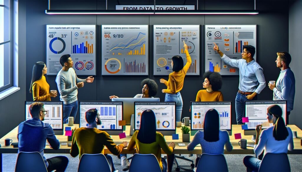 Modern ausgestattetes Büro mit Daten-Dashboards, Diskussionsrunde von Marketing- und Analyseexperten, die auf Diagramme und KPIs zeigen.