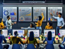 Modern ausgestattetes Büro mit Daten-Dashboards, Diskussionsrunde von Marketing- und Analyseexperten, die auf Diagramme und KPIs zeigen.