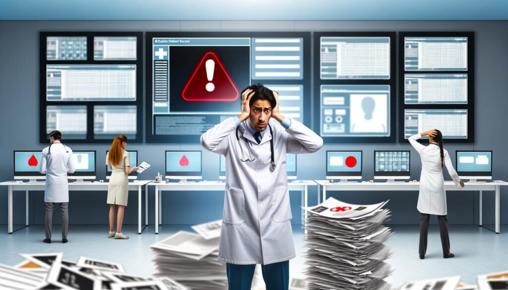 Überfülltes, modernes Arztbüro mit chaotischen Bildschirmen, genervtem Arzt am Kartenlesegerät und gestresster Patientin mit Gesundheitskarte; im Hintergrund angespannte Mitarbeiter und stapelweise Dokumente.