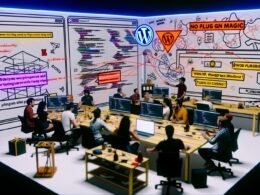 Dynamisches Redaktionsteam diskutiert im modernen Büro über XR-Workflows, mit Laptops, Whiteboards, 3D-Modellen und Roadmap von WordPress zu immersiven Anwendungen.