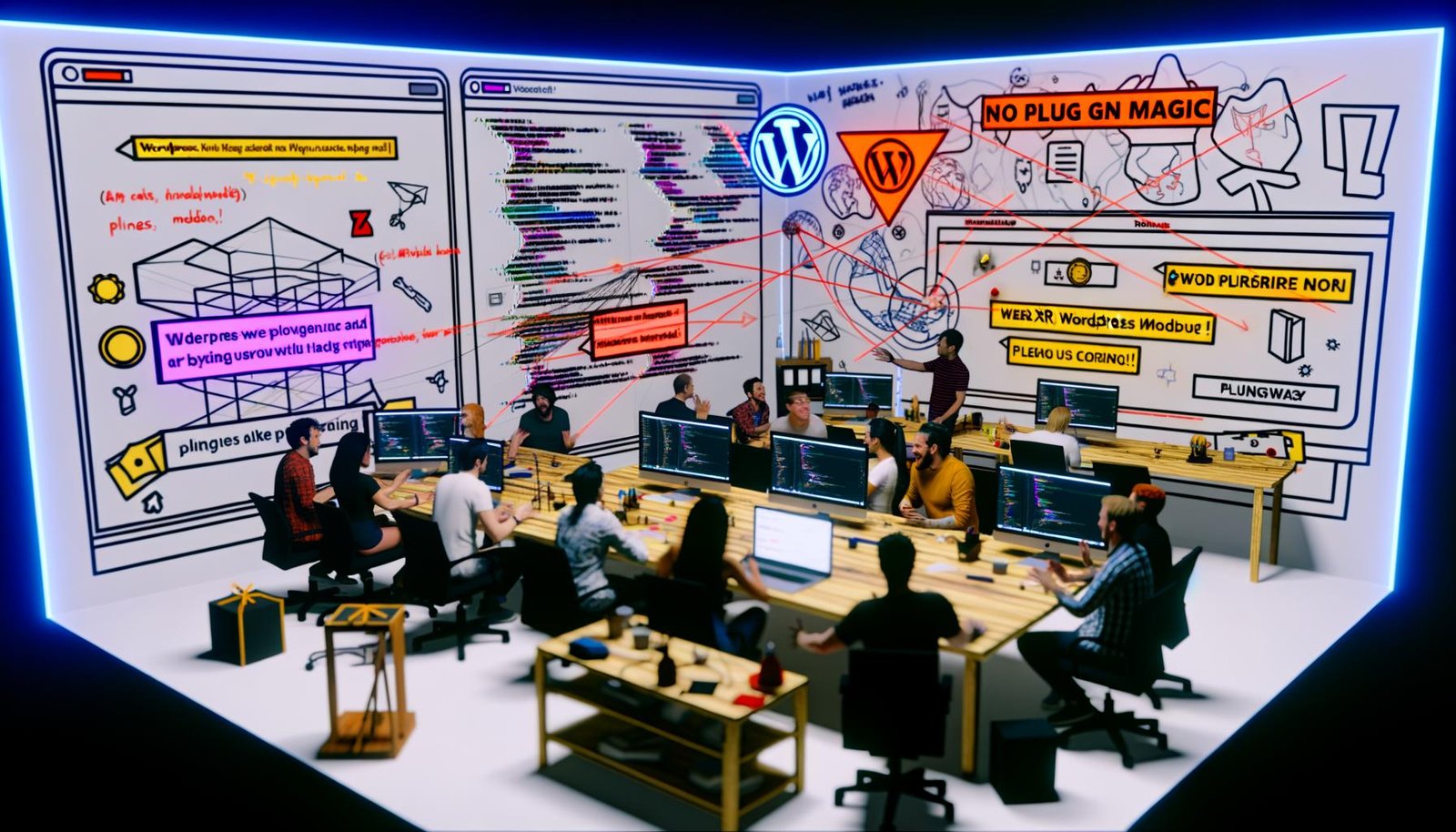 Dynamisches Redaktionsteam diskutiert im modernen Büro über XR-Workflows, mit Laptops, Whiteboards, 3D-Modellen und Roadmap von WordPress zu immersiven Anwendungen.
