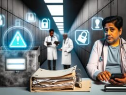 Deutscher Arztpraxis-Flur mit Patient, Ärzten, Papierdokumenten, alten Geräten und digitalem Monitor mit ePA-Symbol und Warnzeichen.