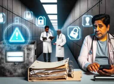 Deutscher Arztpraxis-Flur mit Patient, Ärzten, Papierdokumenten, alten Geräten und digitalem Monitor mit ePA-Symbol und Warnzeichen.