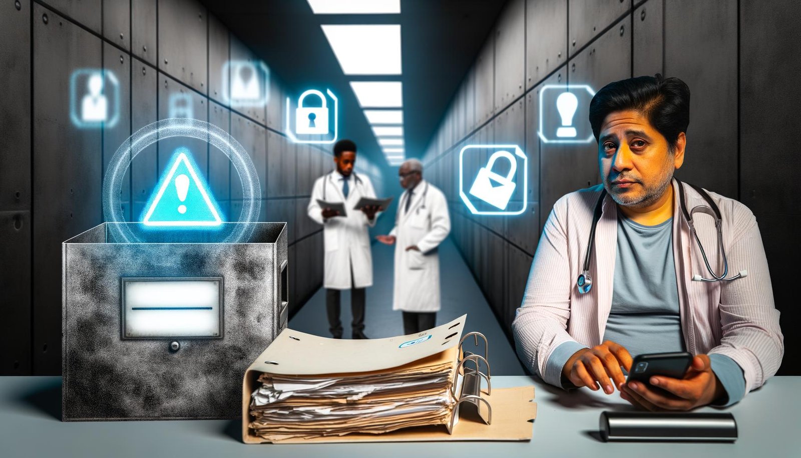 Deutscher Arztpraxis-Flur mit Patient, Ärzten, Papierdokumenten, alten Geräten und digitalem Monitor mit ePA-Symbol und Warnzeichen.