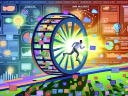 Illustration eines erschöpften Marketers auf einem Hamsterrad aus Content, im Chaos digitaler Medien, mit strukturierter Roadmap zur Sichtbarkeit und Wachstum im Hintergrund.