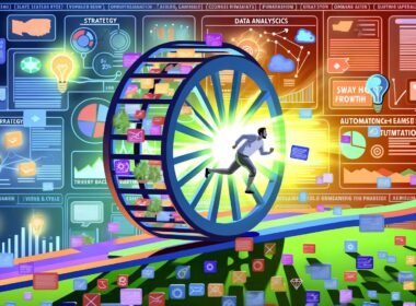 Illustration eines erschöpften Marketers auf einem Hamsterrad aus Content, im Chaos digitaler Medien, mit strukturierter Roadmap zur Sichtbarkeit und Wachstum im Hintergrund.