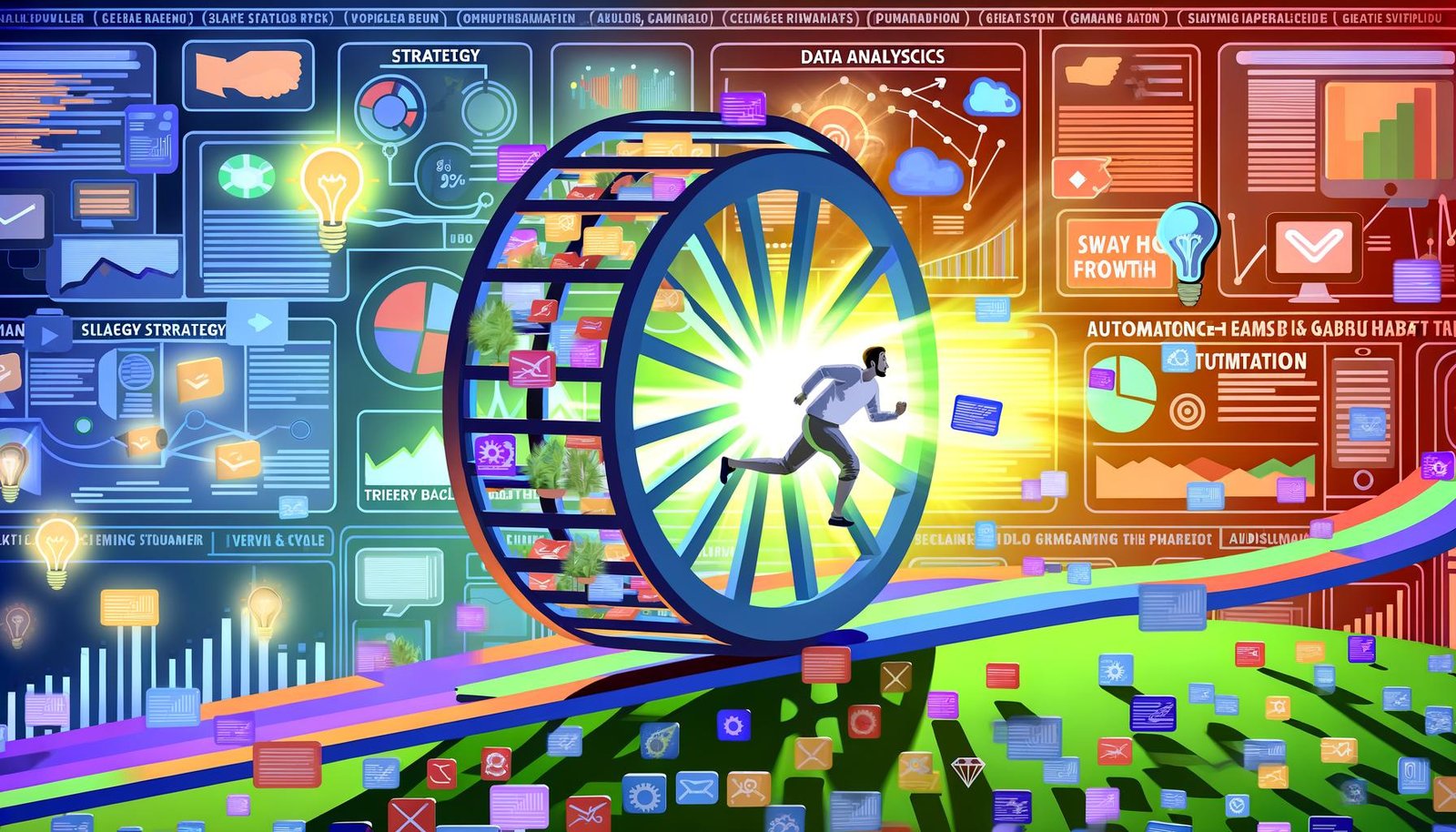 Illustration eines erschöpften Marketers auf einem Hamsterrad aus Content, im Chaos digitaler Medien, mit strukturierter Roadmap zur Sichtbarkeit und Wachstum im Hintergrund.