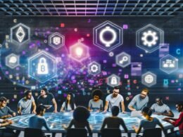 Entwickler und Marketer gestalten gemeinsam eine Website an einem futuristischen Workspace mit holografischen Blockchain-Symbolen und Builder.io-Logos.