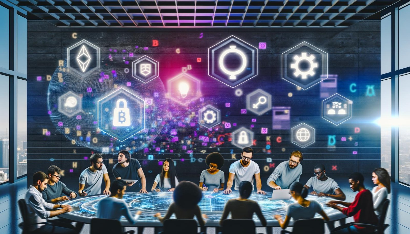 Entwickler und Marketer gestalten gemeinsam eine Website an einem futuristischen Workspace mit holografischen Blockchain-Symbolen und Builder.io-Logos.