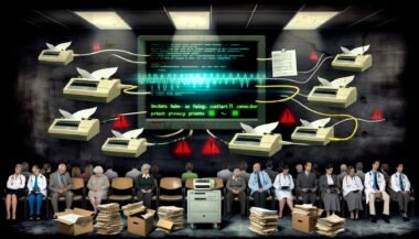 Wartezimmer mit alten Faxgeräten, Papierakten, modernen Tablets, gestressten Patienten und Ärzten vor fehlerhafter Benutzeroberfläche einer Patientenakte. Blinzelnde Warnlichter, herausragendes Netzwerkkabel und überhitzter Konnektor sorgen für angespannte Stimmung.