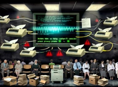 Wartezimmer mit alten Faxgeräten, Papierakten, modernen Tablets, gestressten Patienten und Ärzten vor fehlerhafter Benutzeroberfläche einer Patientenakte. Blinzelnde Warnlichter, herausragendes Netzwerkkabel und überhitzter Konnektor sorgen für angespannte Stimmung.