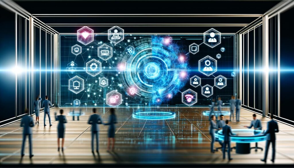 Futuristische Kontrollzentrale mit holografischem Content-Netzwerk, Menschen an digitalen Dashboards, Roboterarmen und dem Logo von 404 Magazine – Sinnbild für automatisiertes Marketing 2025.