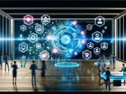 Futuristische Kontrollzentrale mit holografischem Content-Netzwerk, Menschen an digitalen Dashboards, Roboterarmen und dem Logo von 404 Magazine – Sinnbild für automatisiertes Marketing 2025.