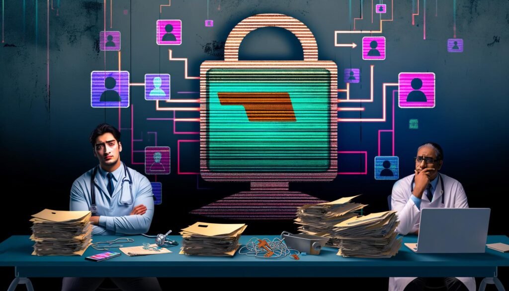 Chaotischer Behördenschreibtisch mit Akten, Windows 95-Computer, digitaler Gesundheitskarte und Symbol der elektronischen Patientenakte mit Warnhinweisen, daneben skeptischer Arzt und Patient. Im Hintergrund schattenhafte Gestalten von Lobbyisten und IT-Managern.