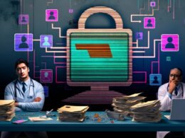 Chaotischer Behördenschreibtisch mit Akten, Windows 95-Computer, digitaler Gesundheitskarte und Symbol der elektronischen Patientenakte mit Warnhinweisen, daneben skeptischer Arzt und Patient. Im Hintergrund schattenhafte Gestalten von Lobbyisten und IT-Managern.