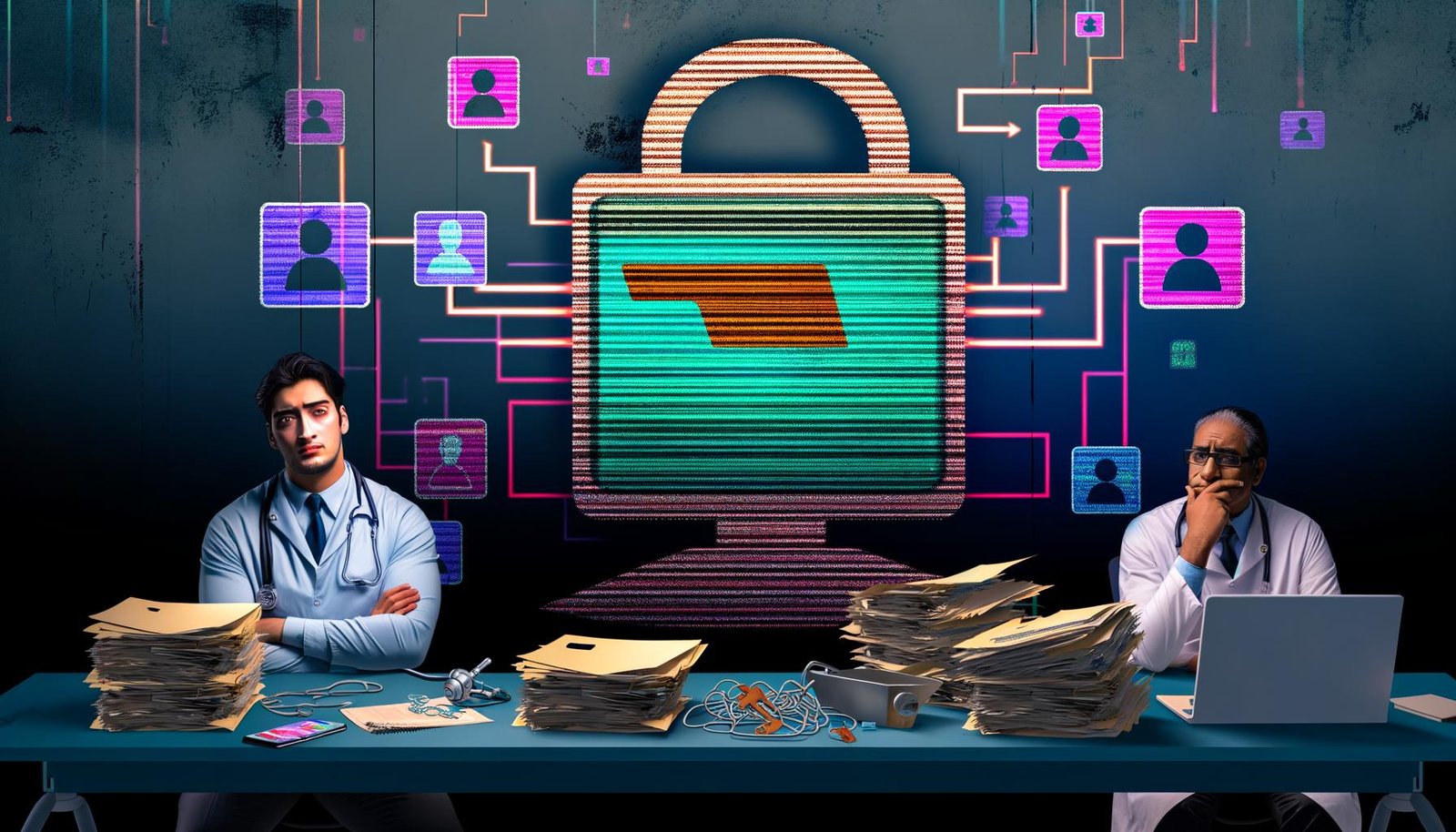 Chaotischer Behördenschreibtisch mit Akten, Windows 95-Computer, digitaler Gesundheitskarte und Symbol der elektronischen Patientenakte mit Warnhinweisen, daneben skeptischer Arzt und Patient. Im Hintergrund schattenhafte Gestalten von Lobbyisten und IT-Managern.