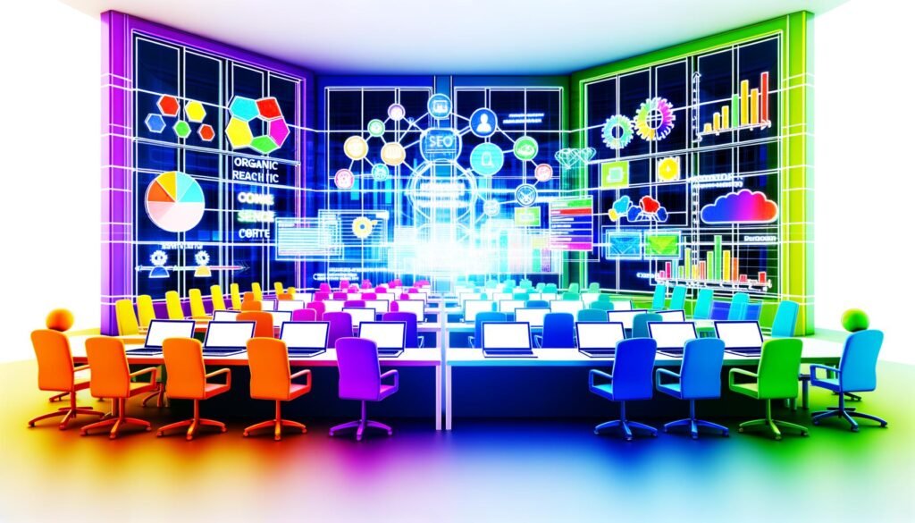 Dynamisches Marketing-Team in digitalem Kontrollraum, umgeben von Monitoren mit SEO-Analysen, Content-Cluster-Karten, User-Journey-Flows und technischer Ausstattung.