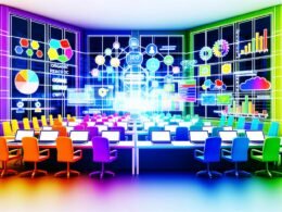 Dynamisches Marketing-Team in digitalem Kontrollraum, umgeben von Monitoren mit SEO-Analysen, Content-Cluster-Karten, User-Journey-Flows und technischer Ausstattung.