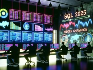 Dystopisches Loft-Büro mit Dashboard-Monitor, SQL-Code, bunten Datenbanktabellen und Graffiti 'SQL 2025: Hidden Champion' an der Wand, Menschen arbeiten und diskutieren.