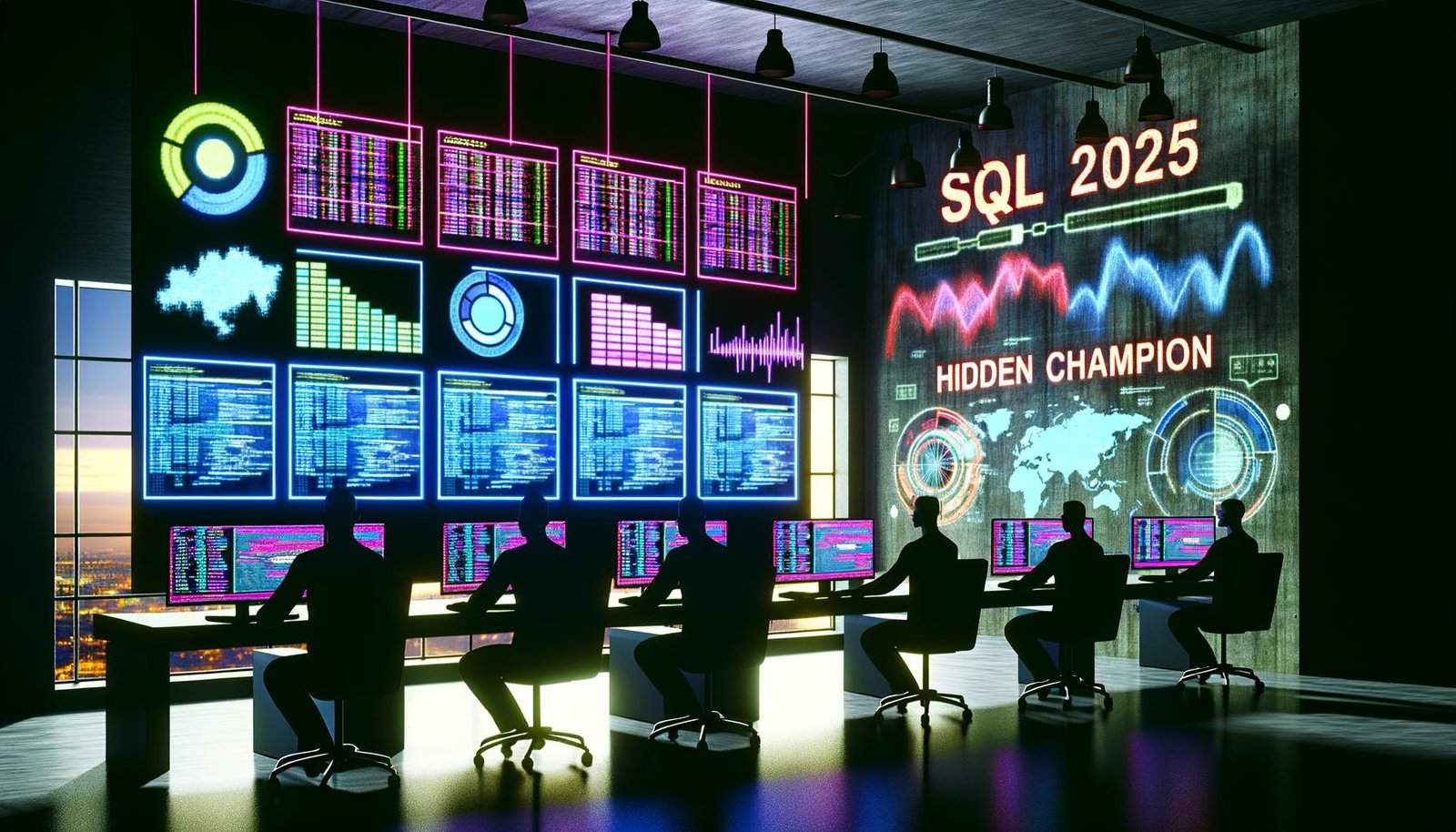 Dystopisches Loft-Büro mit Dashboard-Monitor, SQL-Code, bunten Datenbanktabellen und Graffiti 'SQL 2025: Hidden Champion' an der Wand, Menschen arbeiten und diskutieren.