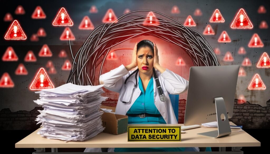 Gestresste Ärztin an überfülltem Schreibtisch im Krankenhausbüro mit Warnschildern und Symbolen für digitale Risiken der elektronischen Patientenakte