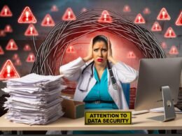 Gestresste Ärztin an überfülltem Schreibtisch im Krankenhausbüro mit Warnschildern und Symbolen für digitale Risiken der elektronischen Patientenakte