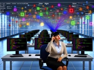 Geschäftsperson im modernen Büro vor Monitoren mit visualisierten SQL-Tabellen und grafischen JOIN-Symbolen im Hintergrund