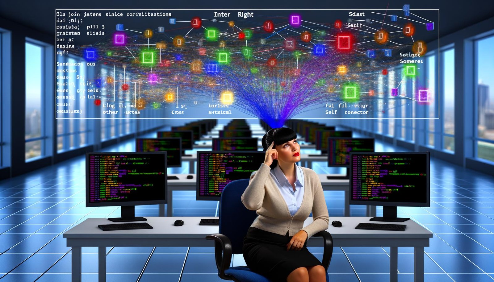 Geschäftsperson im modernen Büro vor Monitoren mit visualisierten SQL-Tabellen und grafischen JOIN-Symbolen im Hintergrund