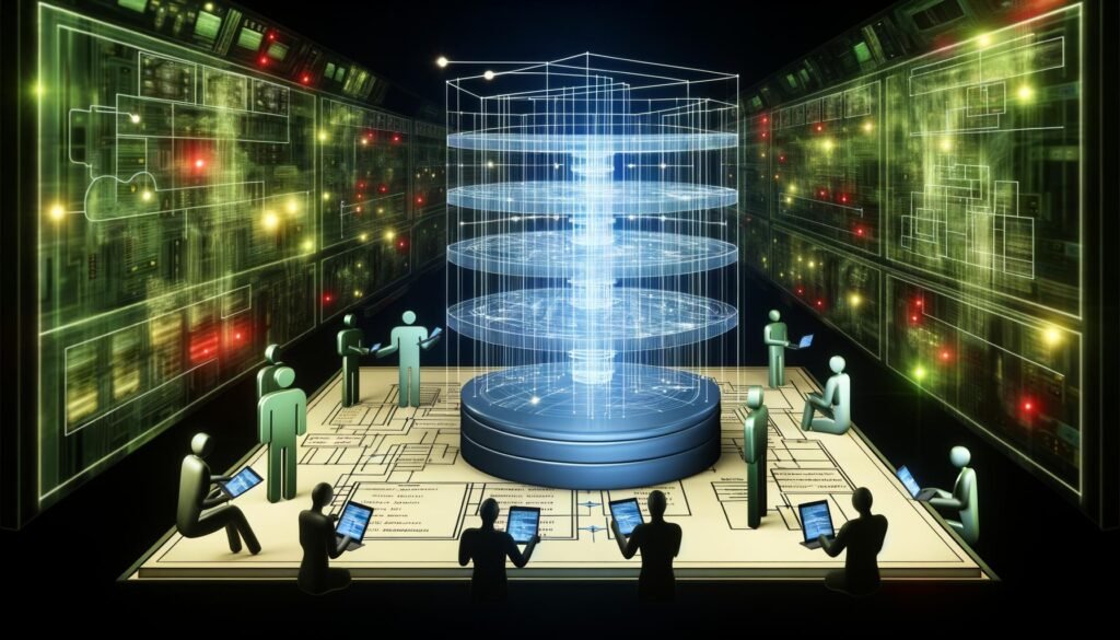Dynamischer Maschinenraum mit leuchtendem Entity-Relationship-Diagramm, digitalen Schaltkreisen und Entwicklerfiguren bei der Datenbankanalyse.