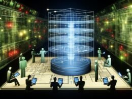 Dynamischer Maschinenraum mit leuchtendem Entity-Relationship-Diagramm, digitalen Schaltkreisen und Entwicklerfiguren bei der Datenbankanalyse.