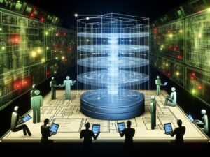 Dynamischer Maschinenraum mit leuchtendem Entity-Relationship-Diagramm, digitalen Schaltkreisen und Entwicklerfiguren bei der Datenbankanalyse.