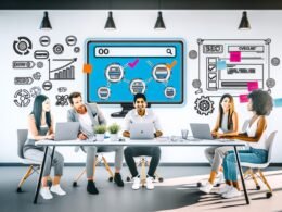 Team von Marketing- und Webentwicklungsexperten arbeitet produktiv in einem modernen, hellen Büro mit großem Monitor, auf dem das Builder.io Interface und eine Checkliste zu sehen sind