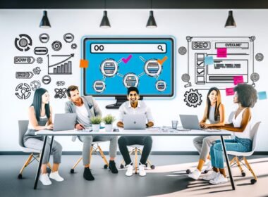 Team von Marketing- und Webentwicklungsexperten arbeitet produktiv in einem modernen, hellen Büro mit großem Monitor, auf dem das Builder.io Interface und eine Checkliste zu sehen sind