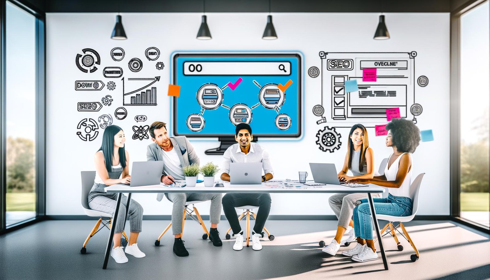 Team von Marketing- und Webentwicklungsexperten arbeitet produktiv in einem modernen, hellen Büro mit großem Monitor, auf dem das Builder.io Interface und eine Checkliste zu sehen sind